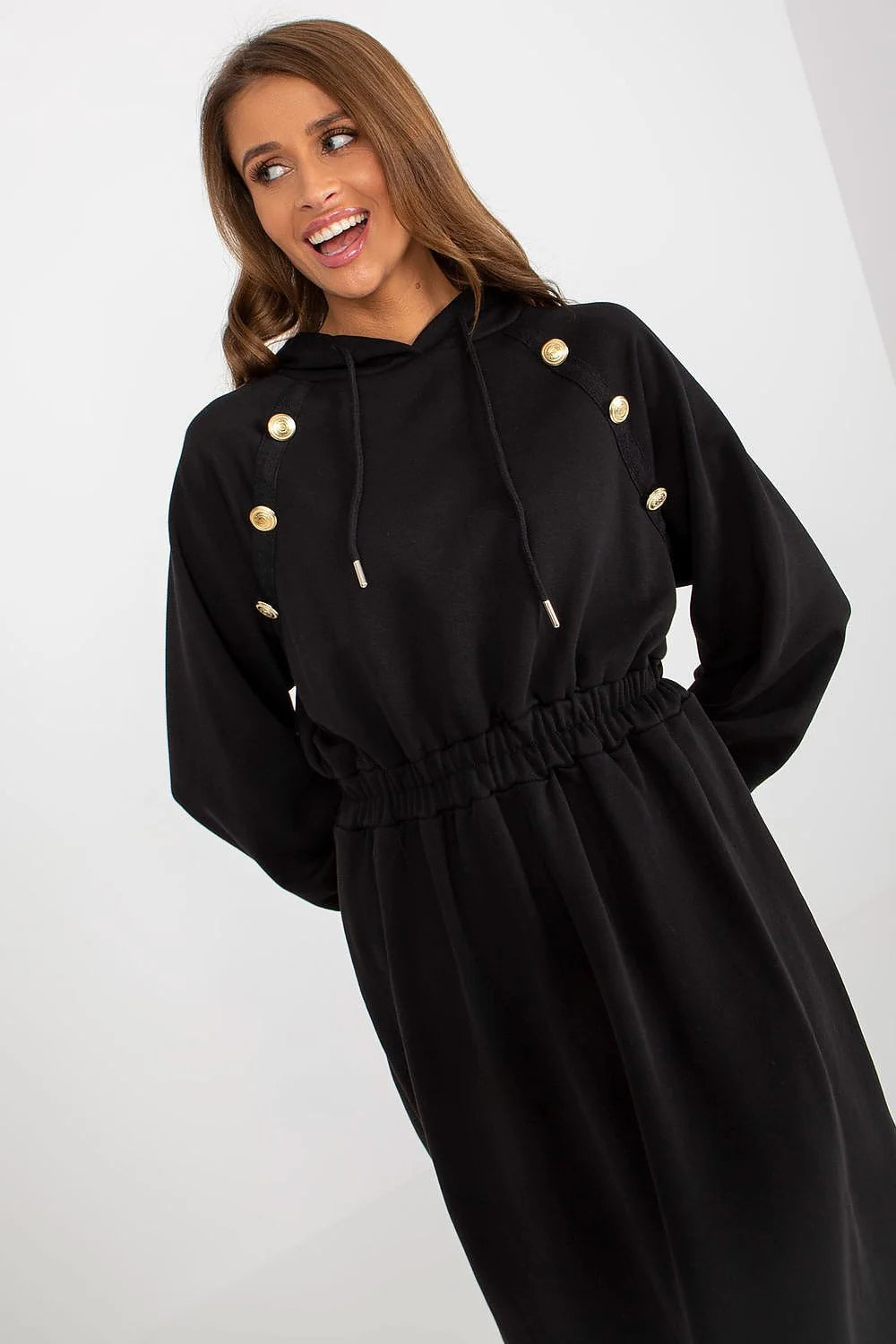 Robe de jour Relevance en coton et elasthanne, manches longues, capuche, boutons decoratifs, couleur verte, style casual, pour femme