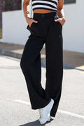Pantalon femme IVON noir moderne élégant coupe droite taille haute poches latérales fermeture glissière bouton matière haute qualité femmes