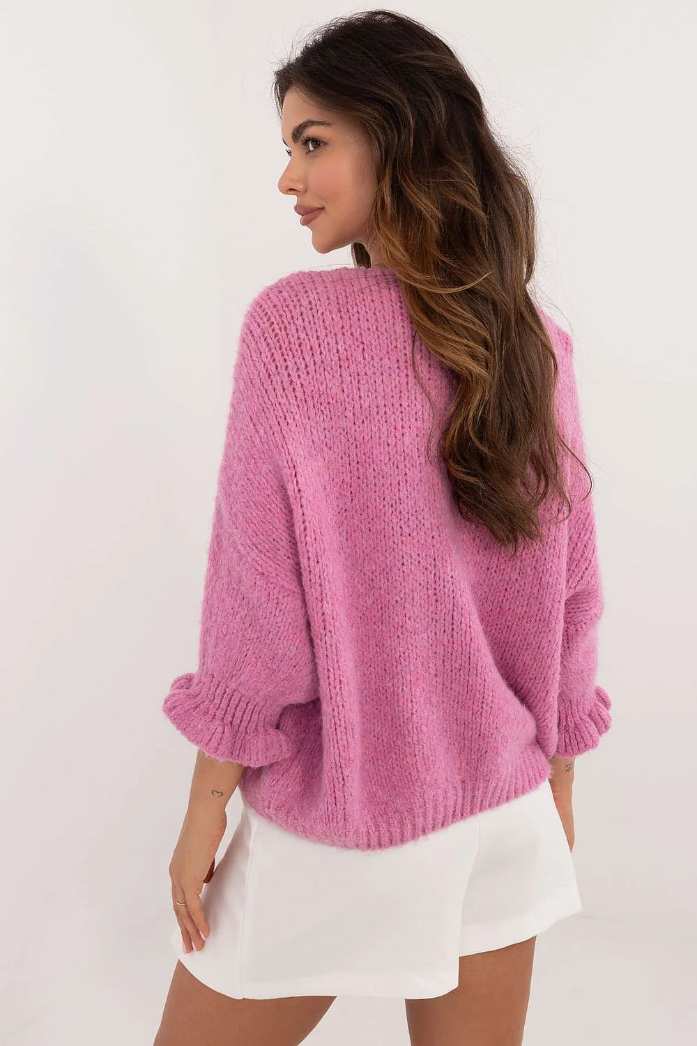 Cardigan femme rose vif coupe ample manches longues évasées fermeture à lacci acrylique doux Moda Italy