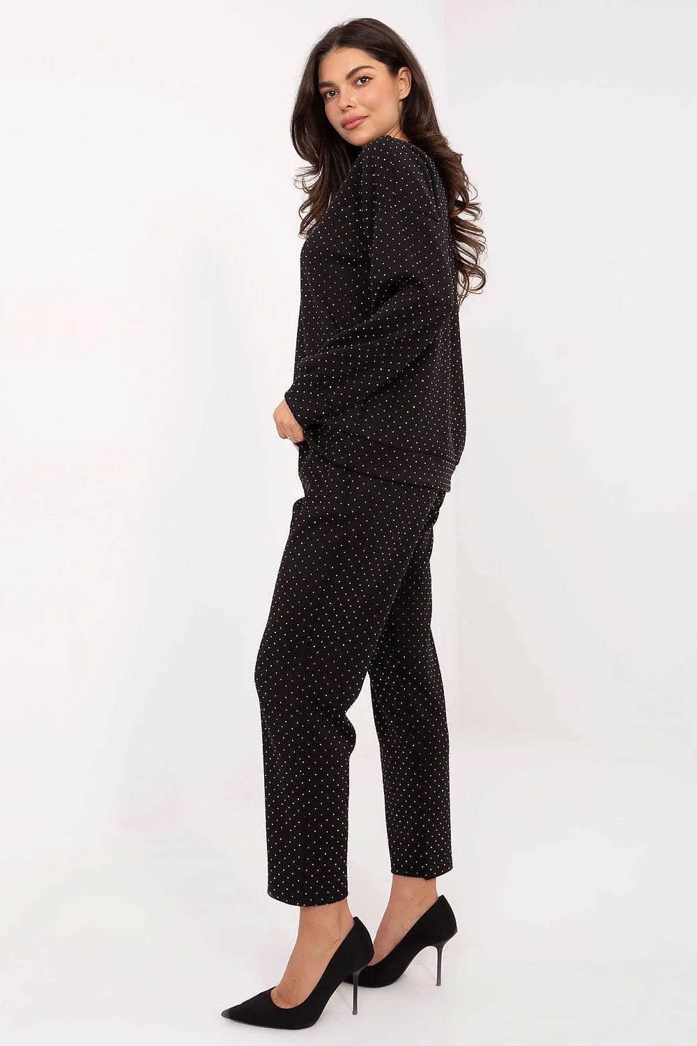 ensemble survêtement femme chic confortable sweat oversize col rond pantalon droit cropped taille haute ceinture nouer strass micropois