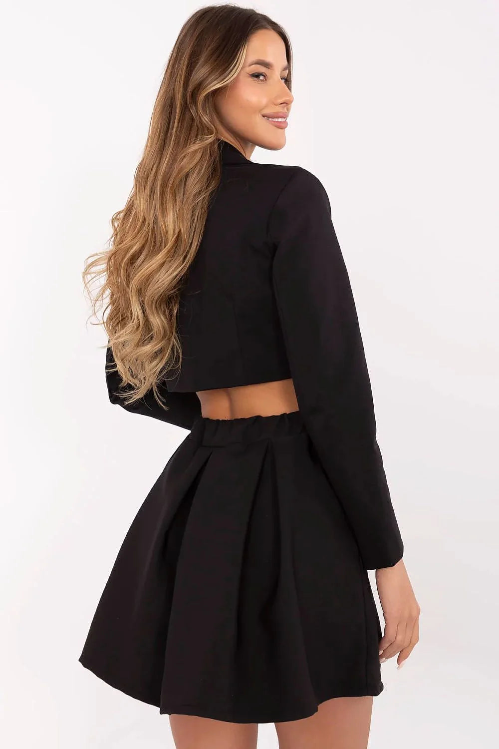 Ensemble deux pièces féminin veste blazer courte jupe évasée noire polyester coton ajustée élastique occasionnels