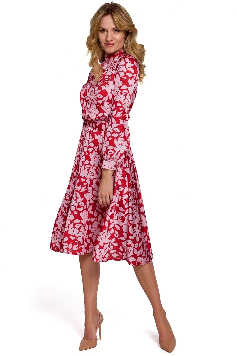 Robe femme polyester romantique coupe évasée col montant élégante florale contrastée idéale toutes occasions