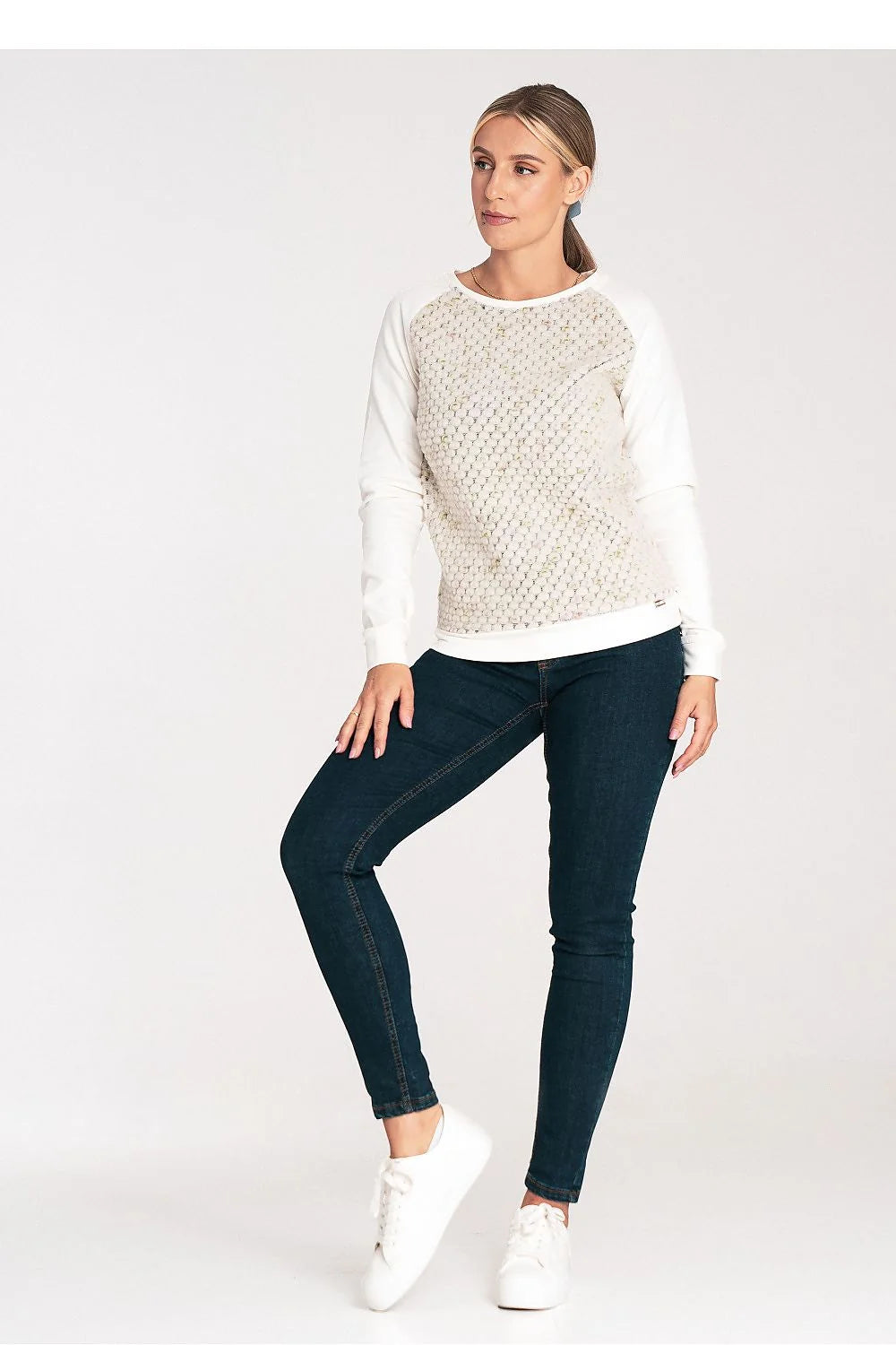 Sweatshirt Figl Femme Design Texturé Manches Longues Coupe Ajustée Style Sportswear Élégant Occasions Multiples en Coton Laine
