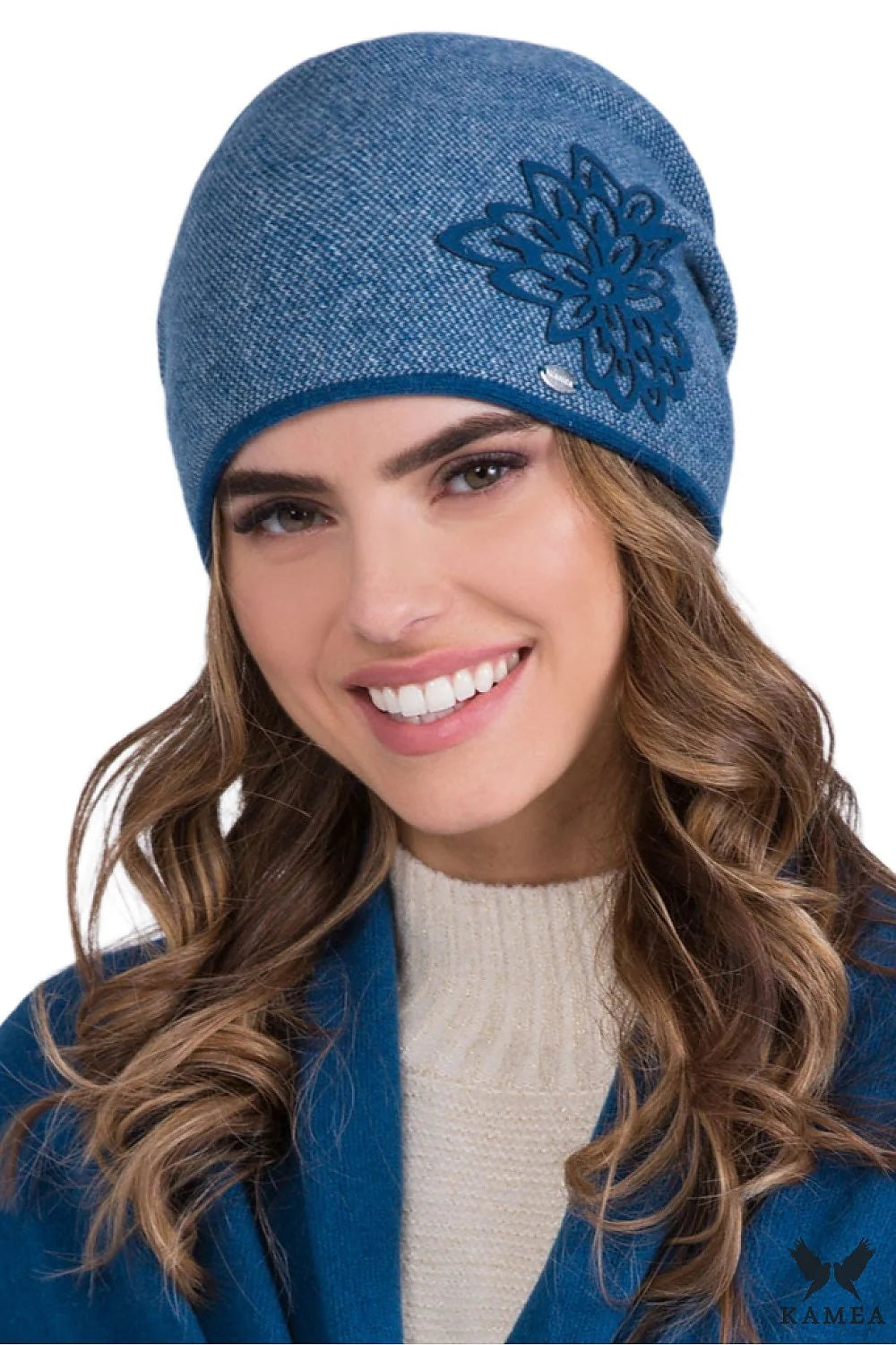 Bonnet féminin élégant en laine bleu denim brodé fleur métallique ajustable hiver automne mode accessoire