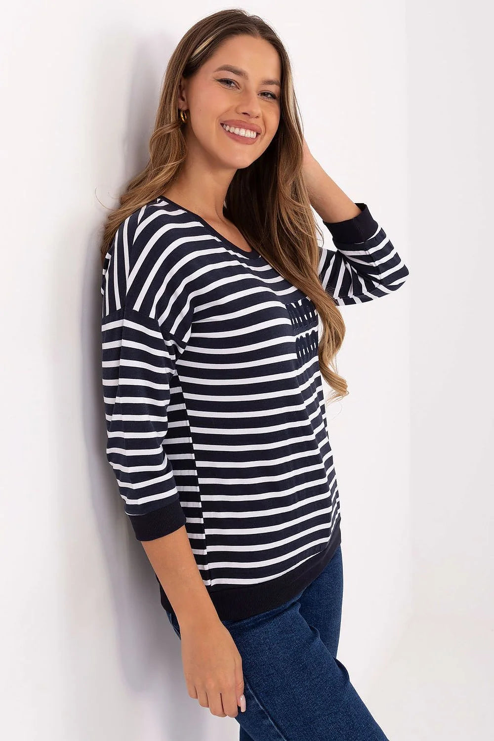 chemisier femme micromodal élasthanne confortable ajusté encolure ronde manches troisquarts coupe droite rayures horizontales bleu marine appliques poitrine côtier