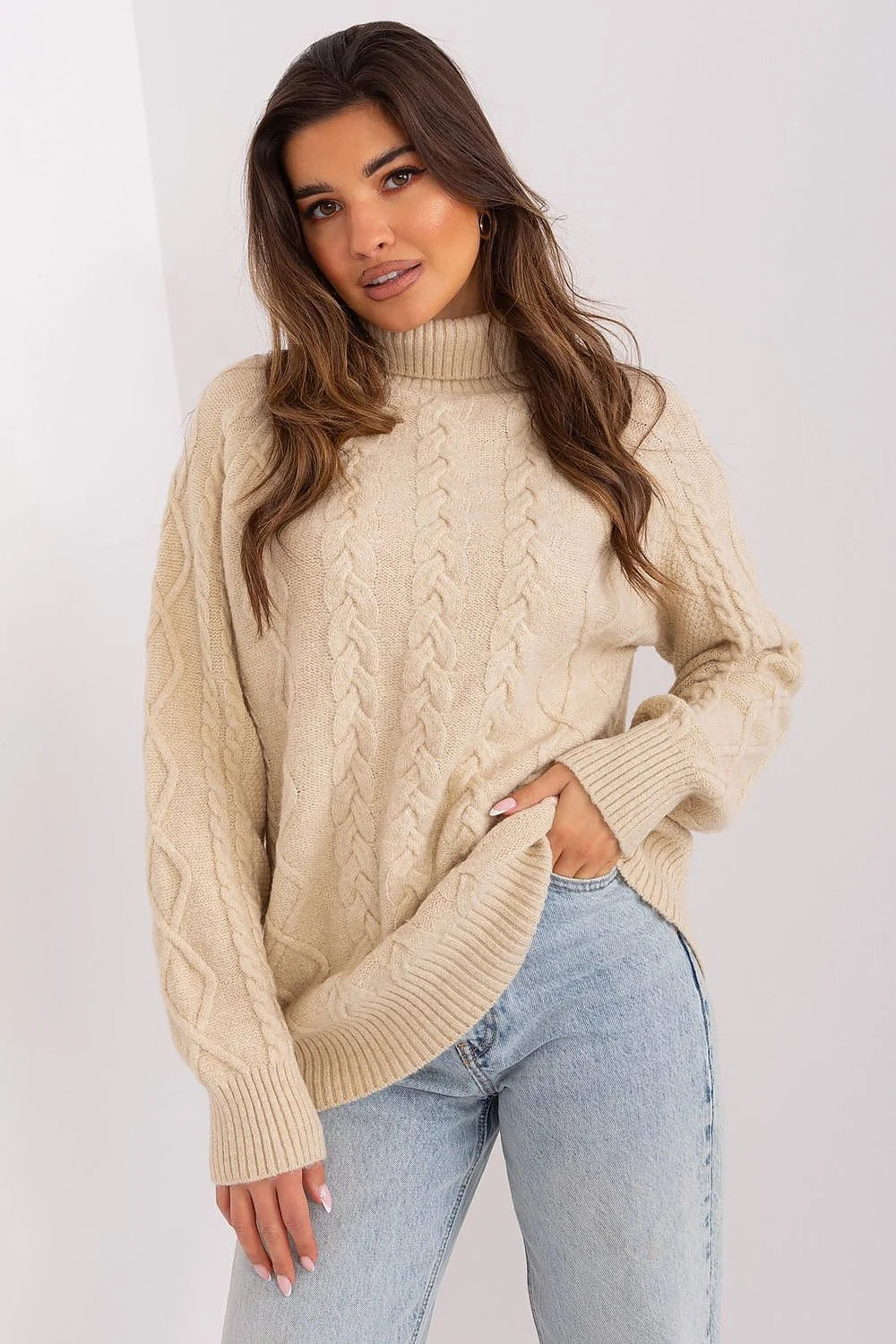 pull femme acrylique torsadé beige sable col roulé manches longues bouffantes oversize côtelé poignets ourlet hanches chaud doux épais confortable