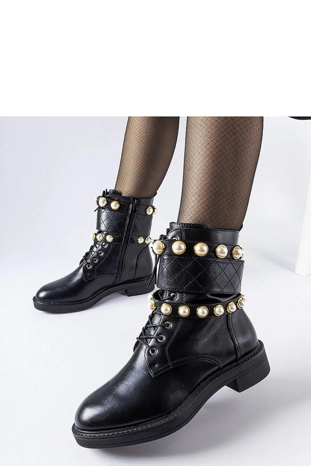 Bottines femmes design audacieux élégant similicuir noir perles blanches bout rond laçage latéral fermeture éclair semelle crantée