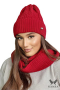 Ensemble pour femme Kamea bonnet écharpe hiver laine mixte style moderne motif torsadé couleur rouge vif