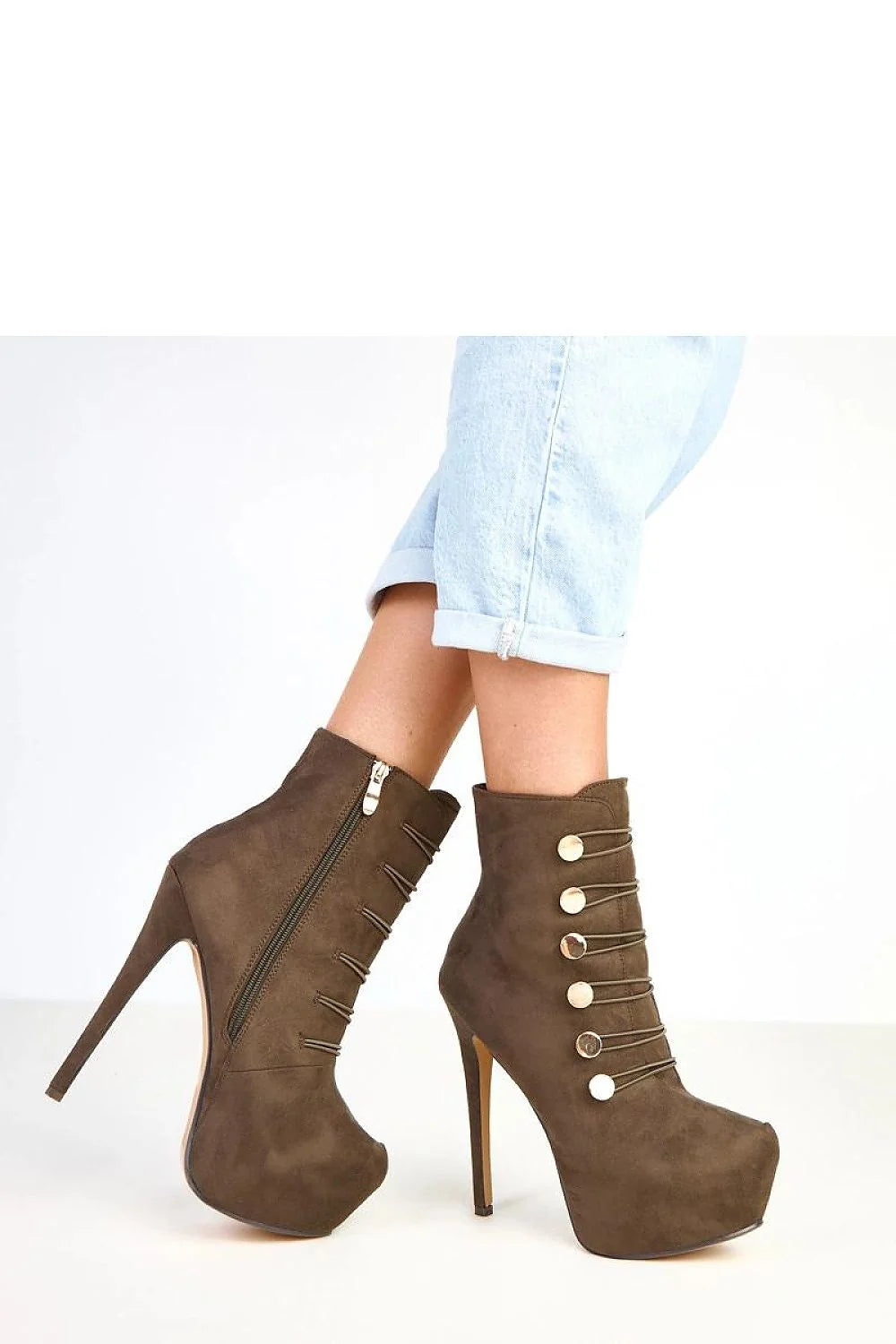 bottines femme cuir suédé écologique chocolat talon aiguille haut plateforme compensée 4cm bout pointu élancé tige 13cm boutons dorés