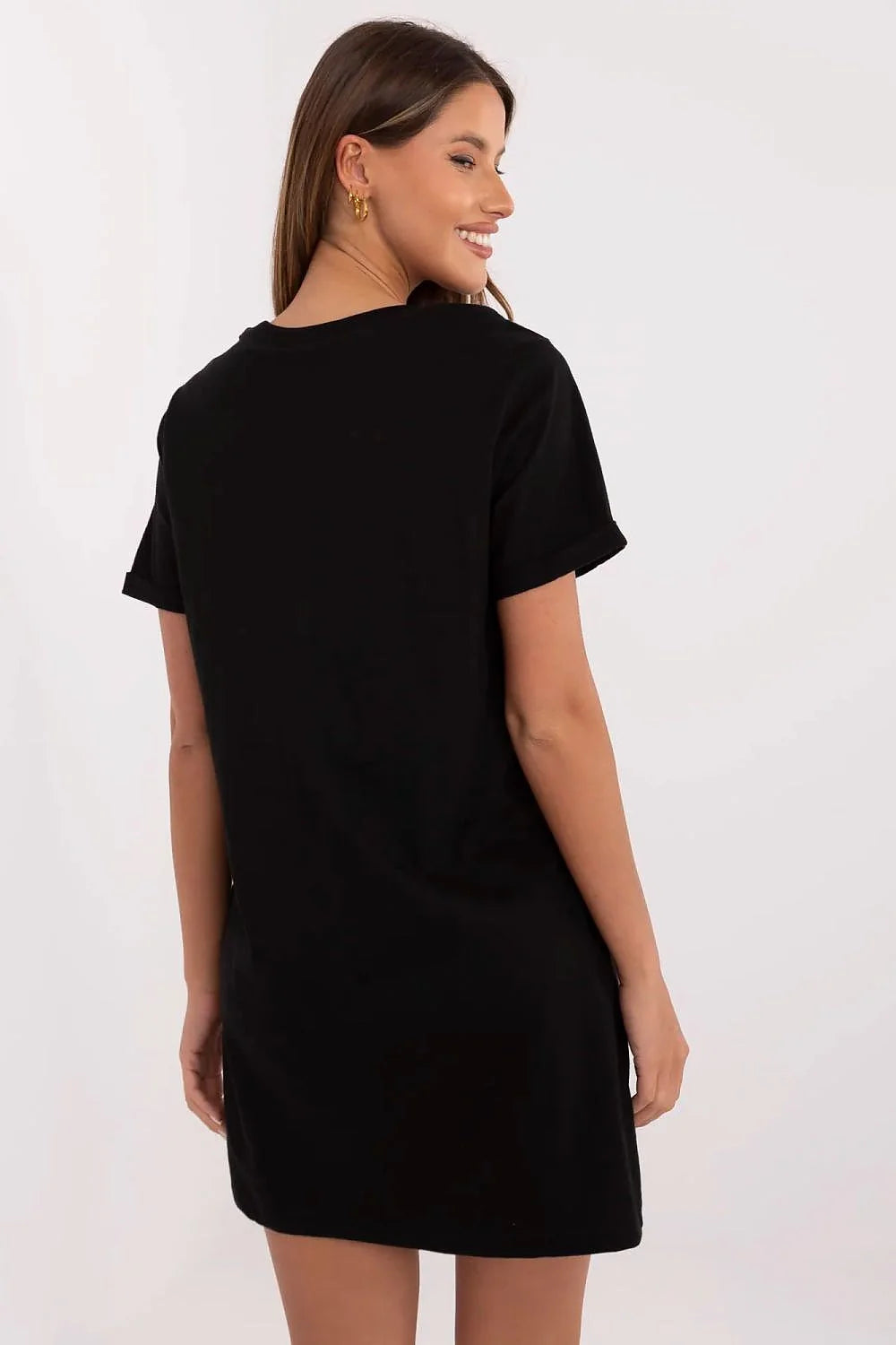 robe tshirt femme casual sportive noire coton jersey doux oversize coupe droite manches courtes col rond imprimé blanc poitrine moderne