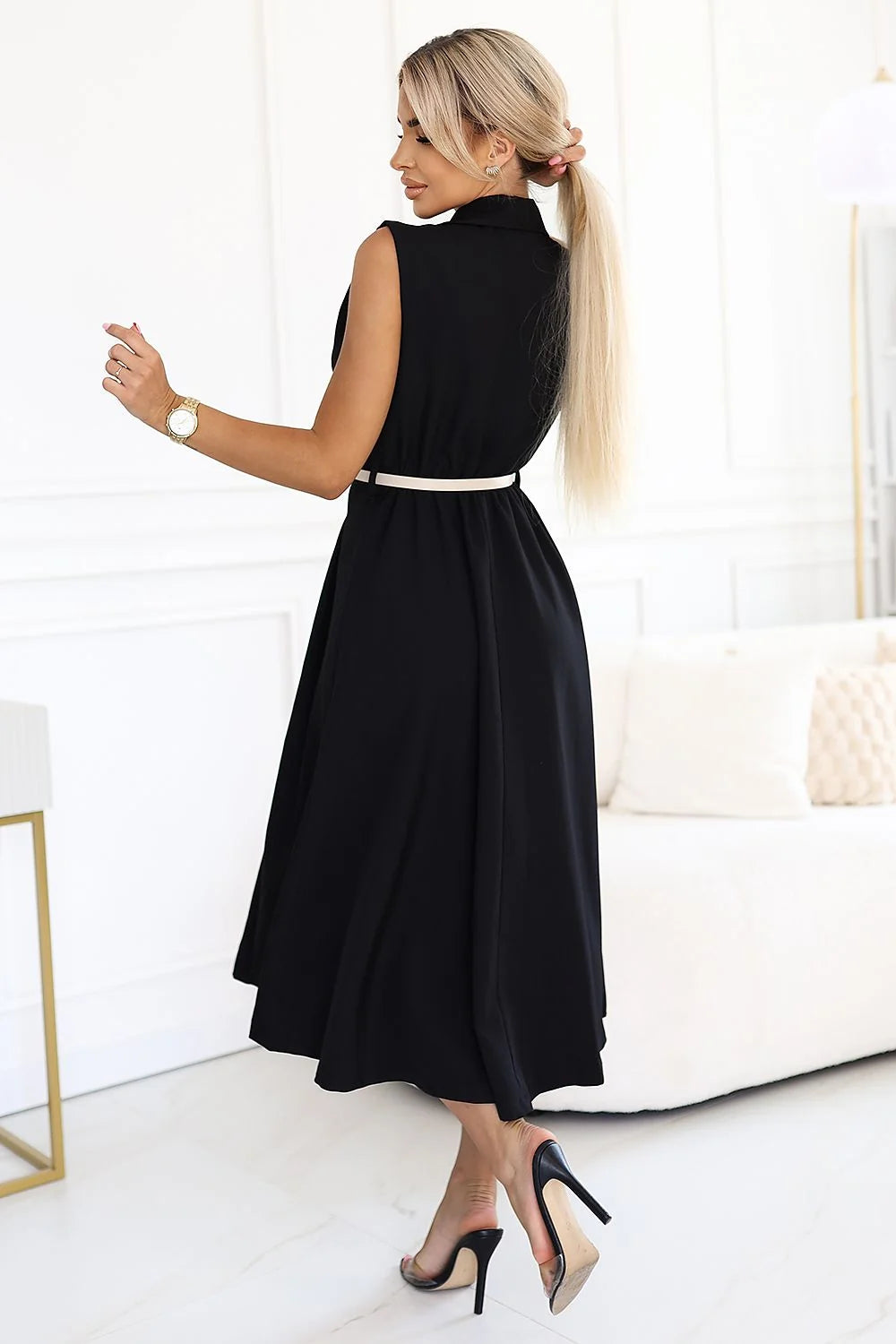 Robe élégante pour femme noire coupe évasée col canapé double boutonnage ceinture en cuir finitions raffinées polyester viscose