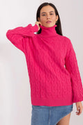 Pull-over féminin col roulé maille torsadée rose vif manches longues coupe ample finitions côtelées polyvalent hiver mode
