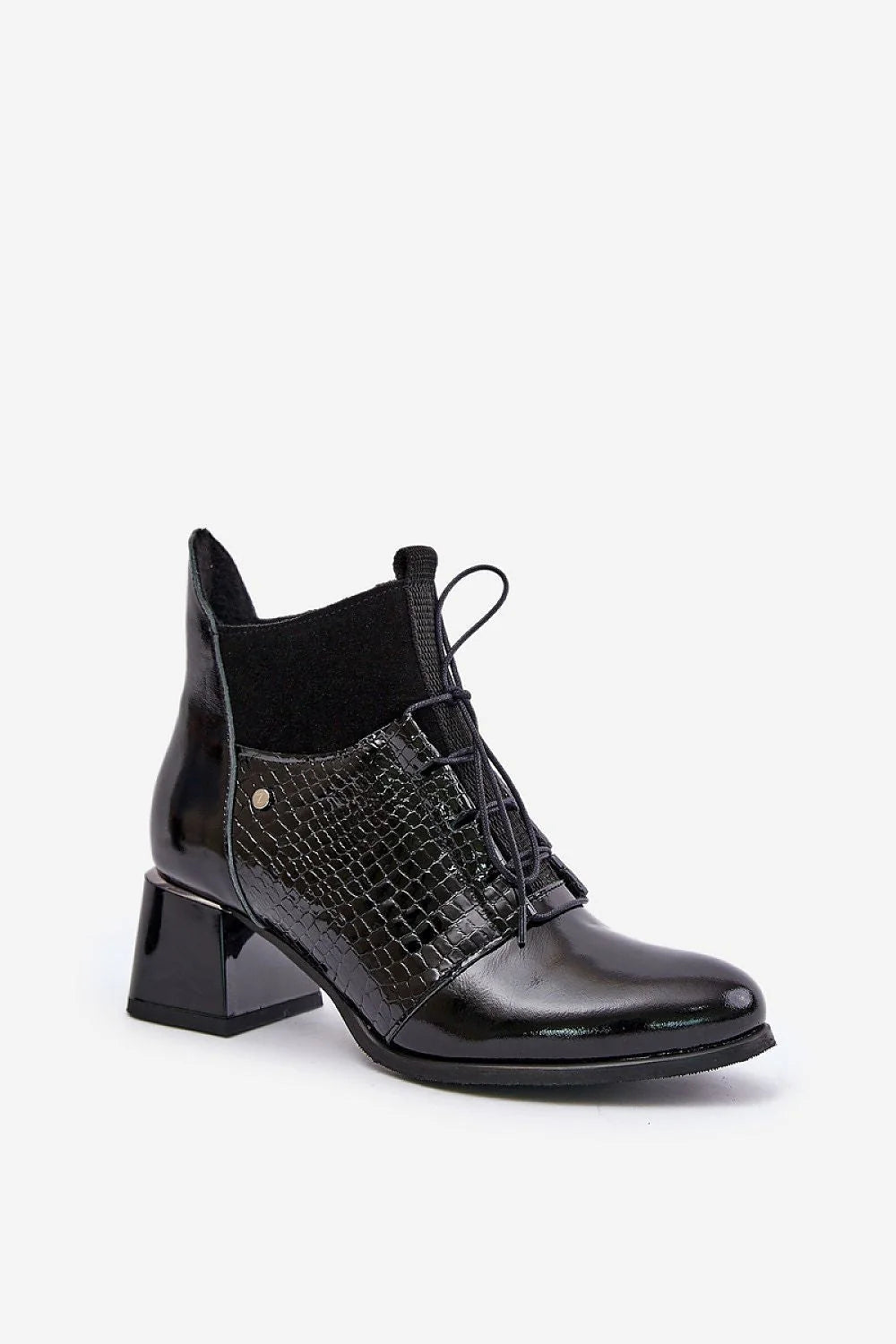 Bottes élégantes femmes talon 5.5 cm cuir naturel motif reptile noir profond coupe ajustée lacets métalliques occasion automne-hiver