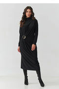 robe midi noire manches longues col montant drapé froncé boucle métallique dorée taille jersey extensible fluide élégante féminine confortable moderne