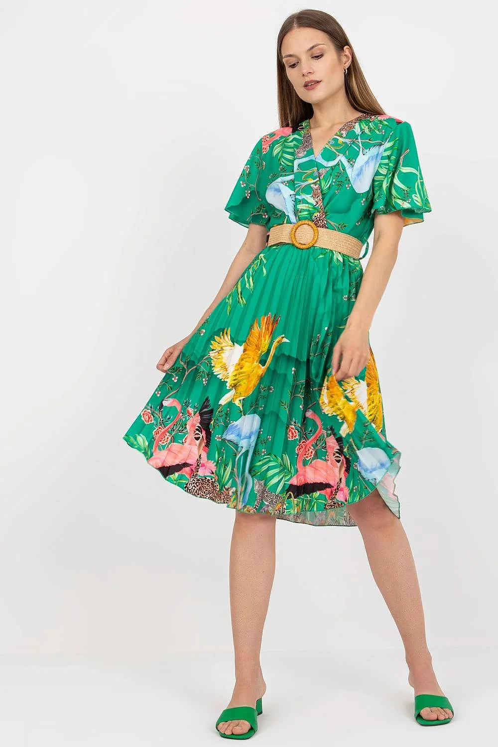 Robe d'été vibrante manches courtes encolure V motifs floraux animaliers ceinture tressée Italy Moda femme
