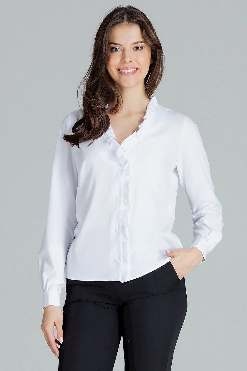 chemisier blanc manches longues col V volants boutonnage central popeline léger fluide coupe ajustée romantique polyvalent élégant féminin bureau casual