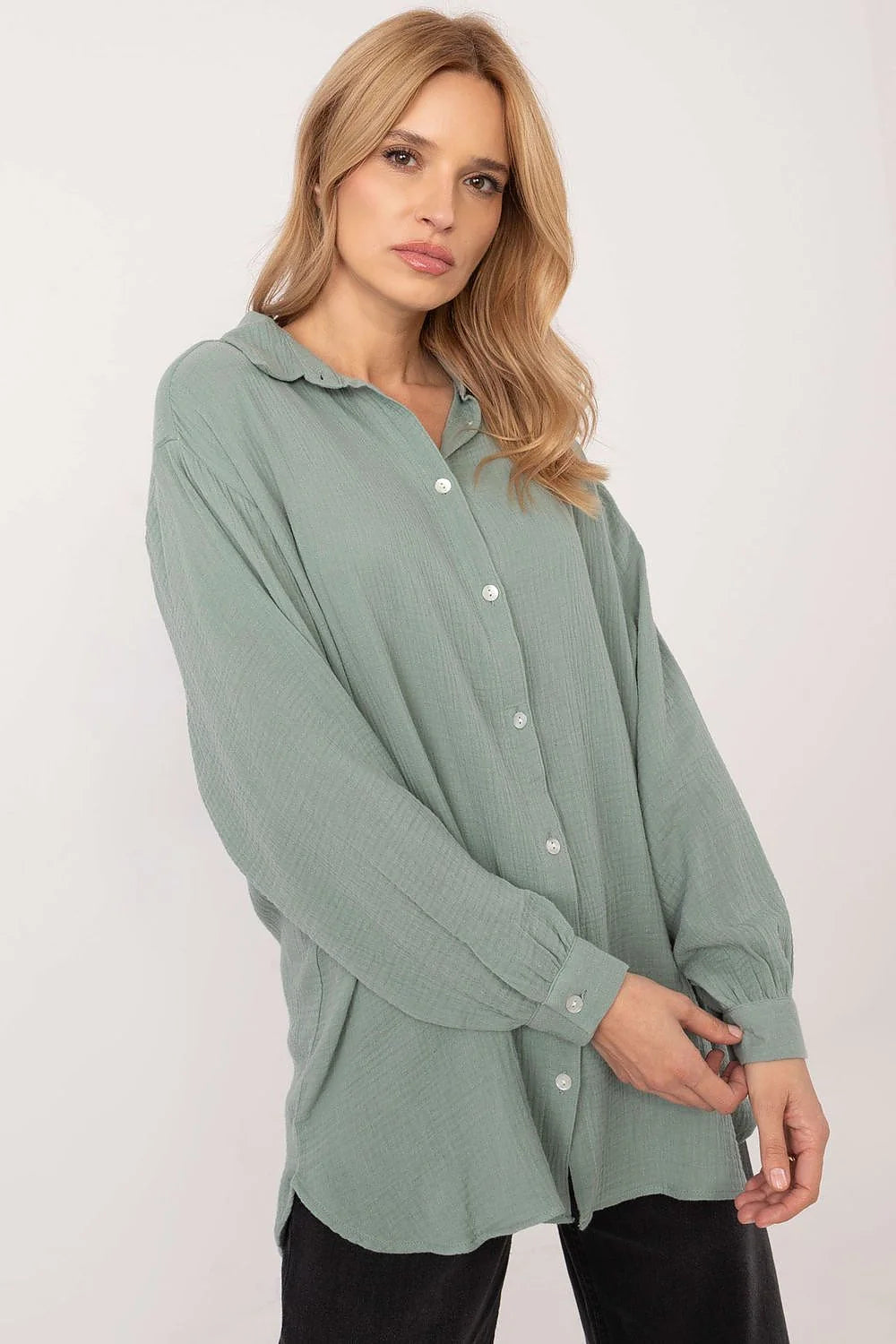 Chemise femme verte longue manches longues puffed coton écologique décontractée mode polyvalente élégance confort tendance