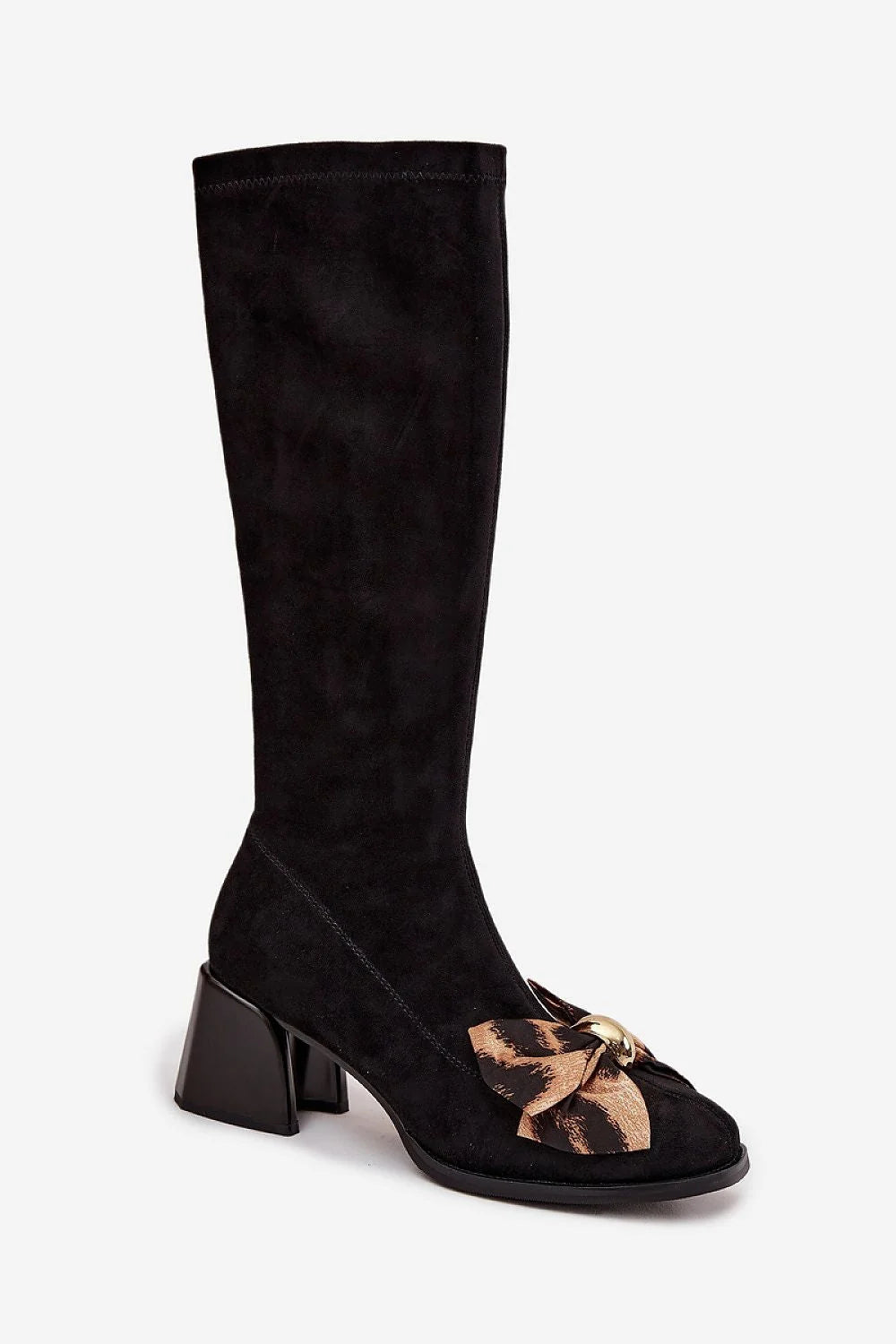 bottes femme suédine noir hauteur genou talon carré stable confortable bout pointu fermeture zip latéral nœud léopard bijou doré