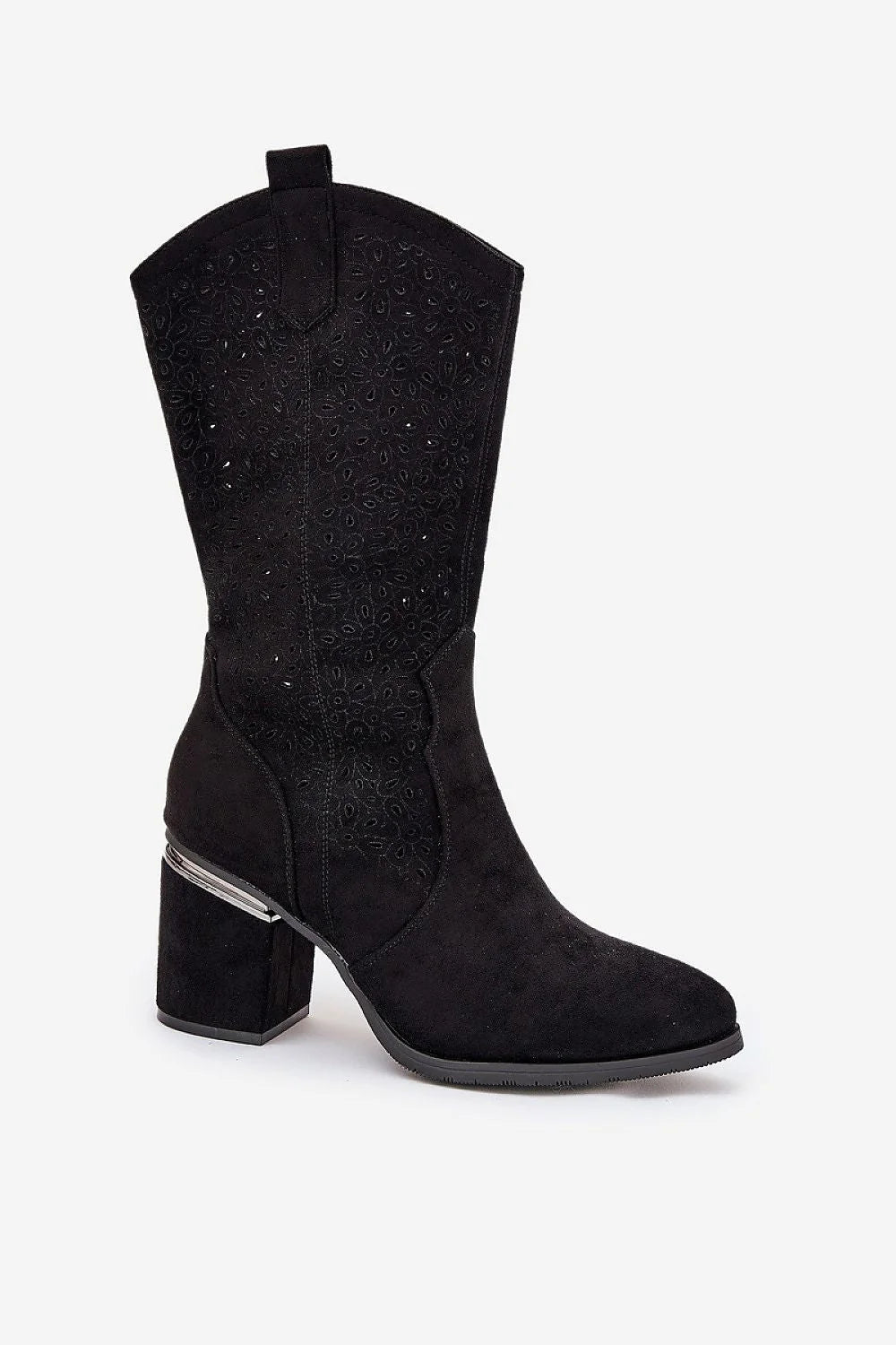 bottes femme suédine délicate effet daim noir tige ajourée découpe laser motif floral talon bloc 8 cm