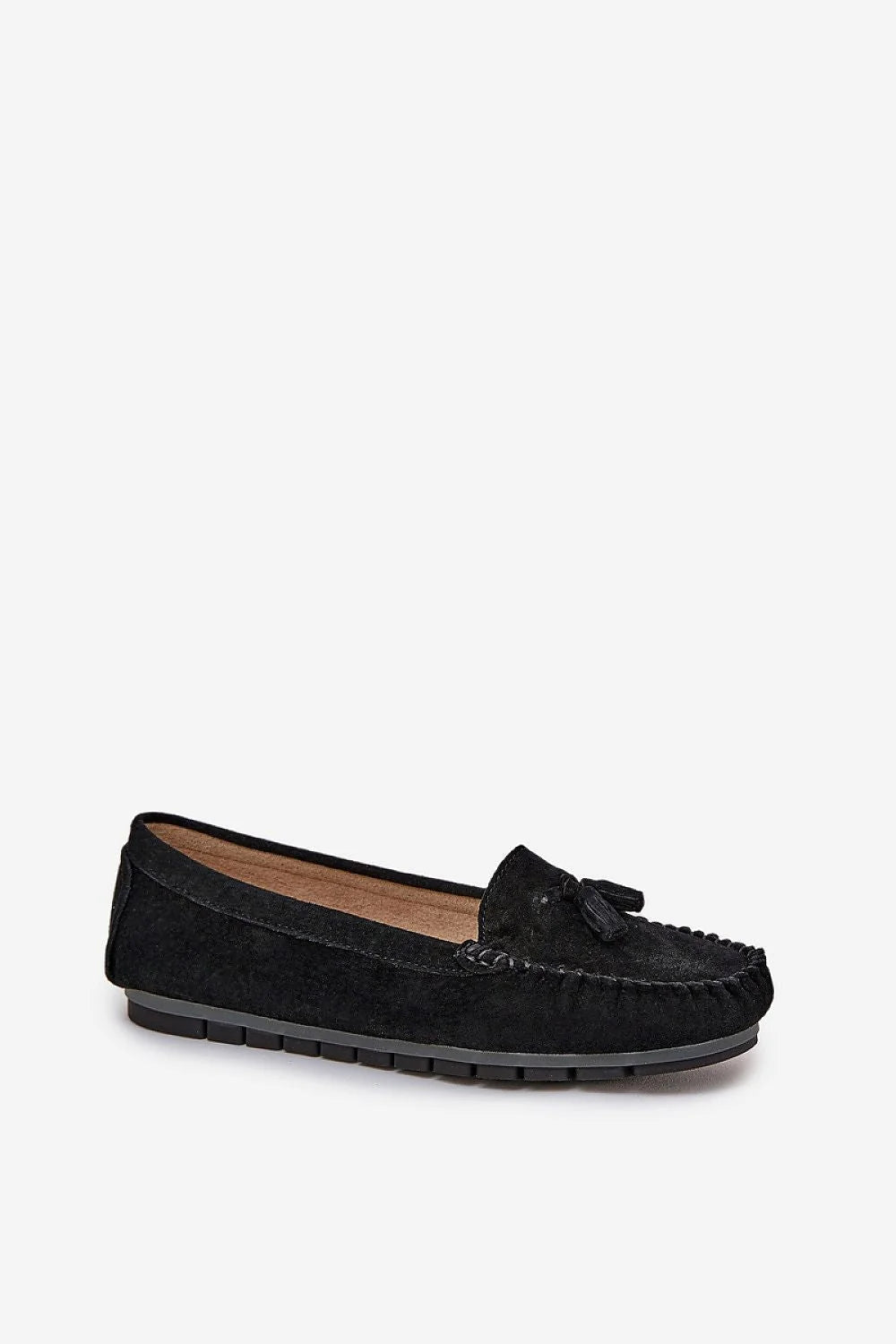 Mocassins femmes style classique en daim naturel cuir suédé noir bout rond confort tout le jour