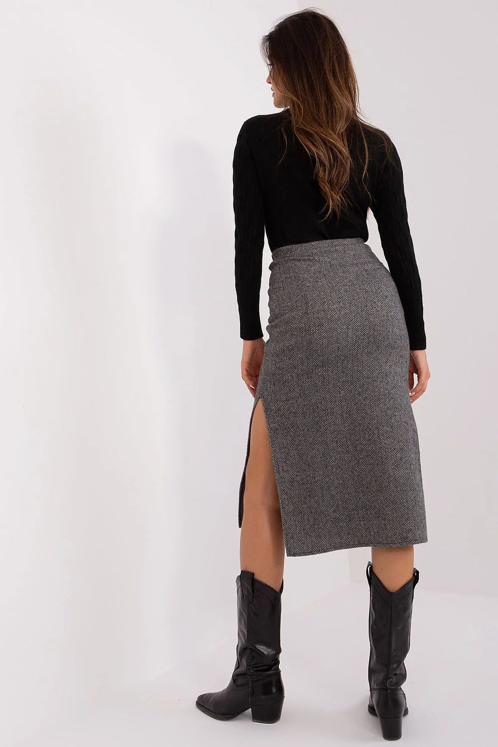 jupe midi crayon taille haute péplum maille coton élasthanne texturée chevrons gris fente latérale cintrée élégante