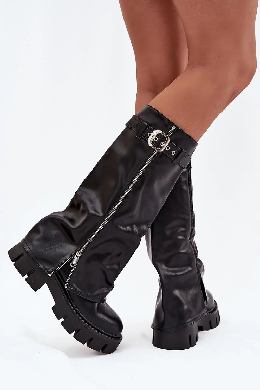 bottes cuissardes femme revers cuir écologique plateforme talon massif doublées fourrure synthétique chaleur fermeture éclair argentée boucle tige tendance hivernale