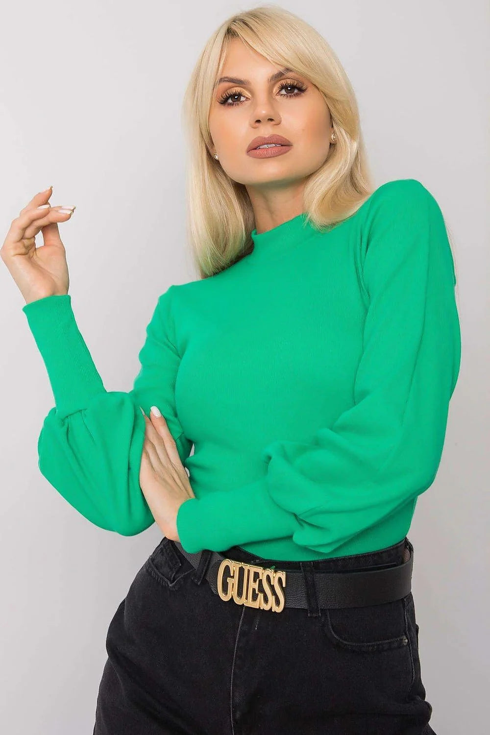 ensemble chemisier pull col montant maille fine côtelée fuchsia vif manches longues bouffantes poignets froncés haut ajusté pantalon