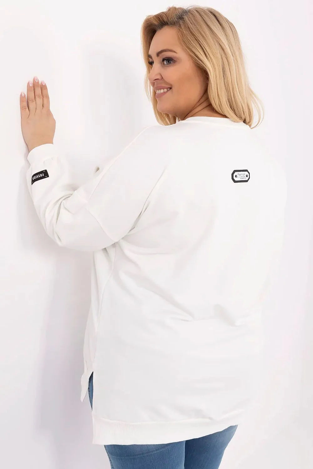 sweatshirt femme grande taille oversize manches longues col rond coton doux molletonné blanc uni patch minimaliste confortable