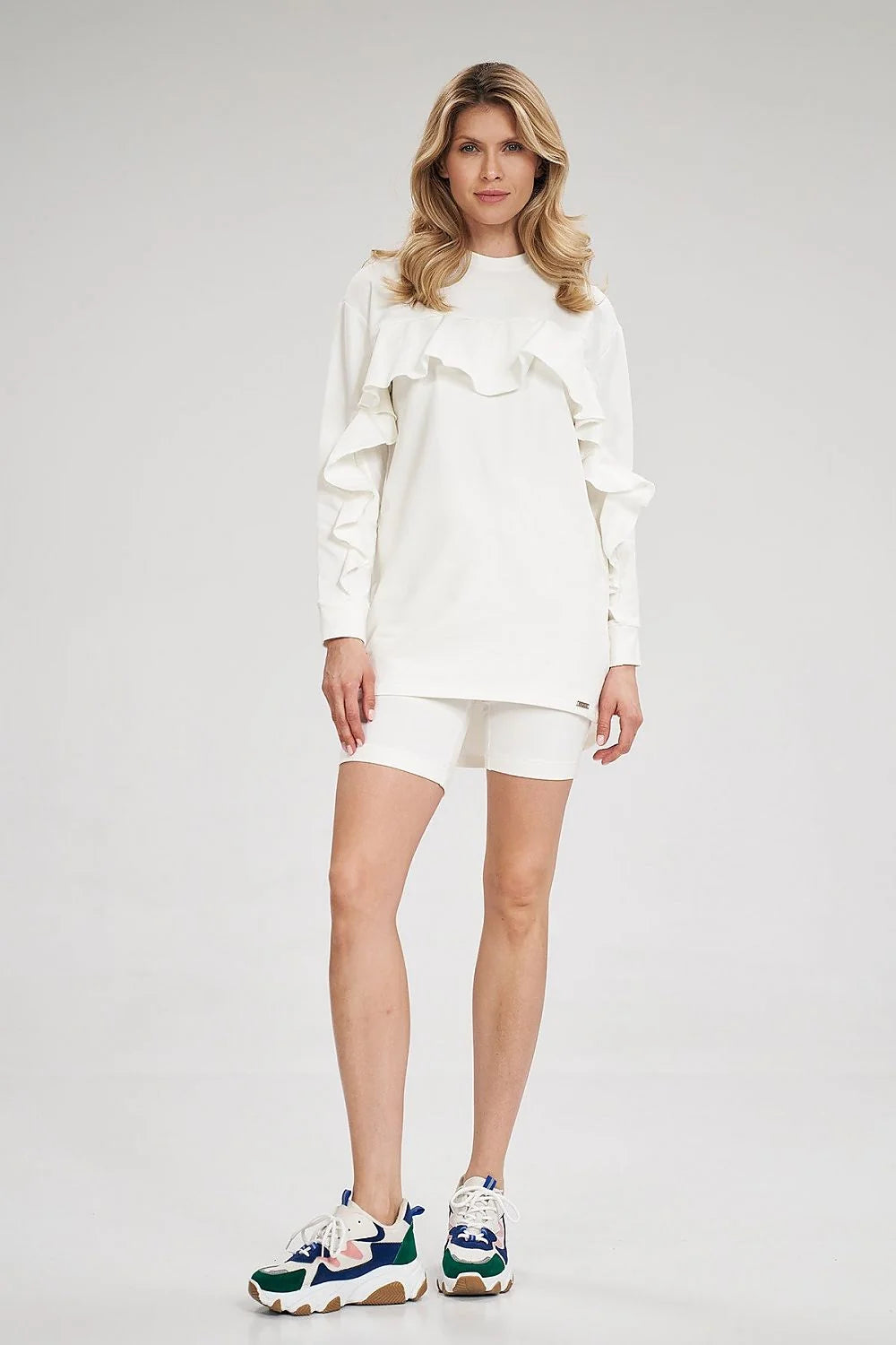 Ensemble femme coton élasthanne style décontracté élégant haut manches longues volants short tendance confortable