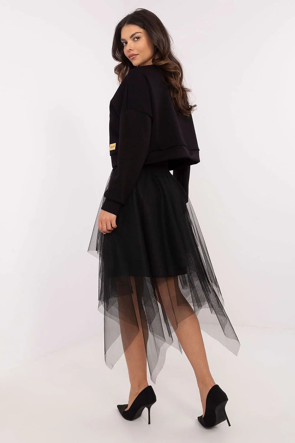ensemble féminin moderne élégant maille tulle noir coupe ample asymétrique semiformelle soirée chic confortable doublé viscose coton élasthanne