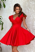 robe cocktail élégante rouge vif manches courtes volantées polyester viscose patineuse cintrée jupe évasée décolleté croisé V glamour