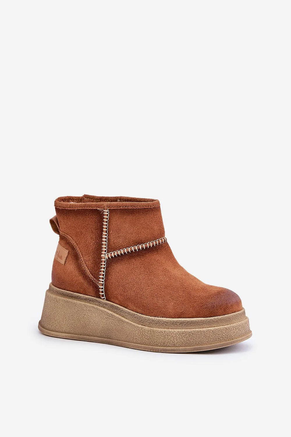 Bottines en daim pour femme style décontracté moderne couleur marron coutures blanches semelle compensée plateforme renforcée talon solide fourrure intérieure