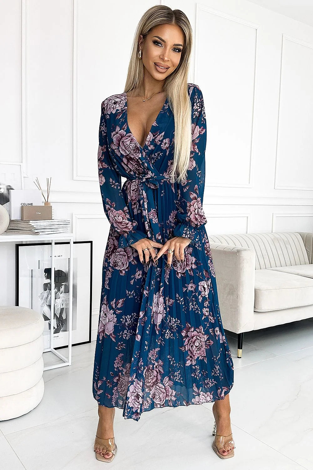 Robe de cocktail élégante longue manches longues encolure V profond ceinture nouée motif floral bleu Numoco basic femme