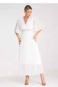 robe longue blanche col V croisé manches ballon mi longues taille smockée jupe plissée chiffon léger fluide élégante