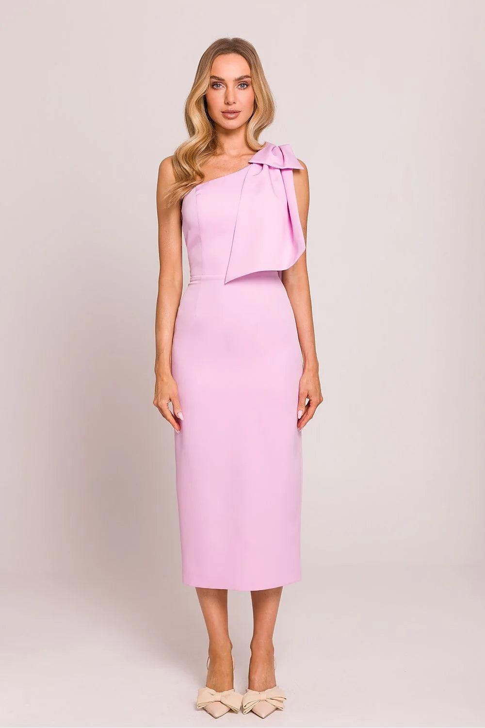 Robe de cocktail Moe asymétrique épaule rose pastel nœud décoratif midi polyester spandex femmes