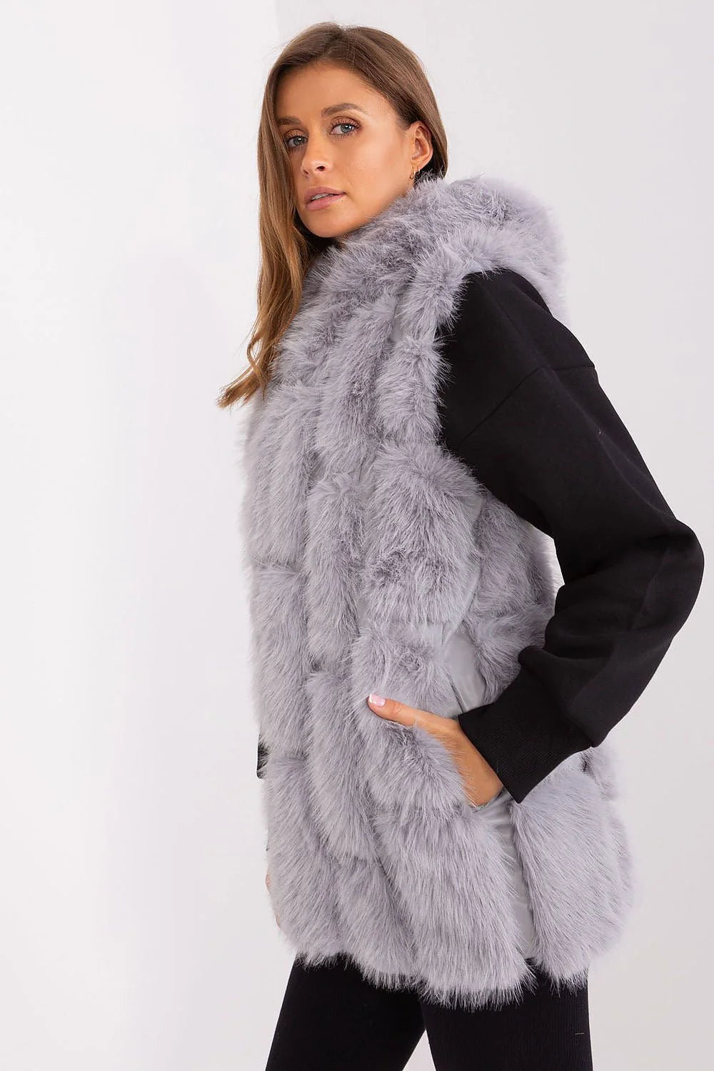 Gilet sans manches en fourrure synthétique moderne, élégant, gris clair, coupe longue, col montant, poches latérales, pour femmes