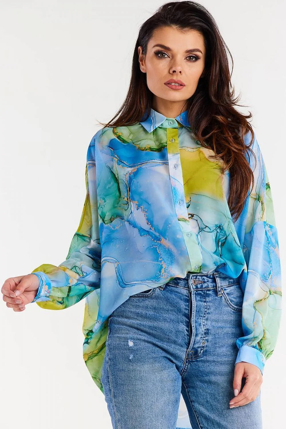 Chemise femme manches longues motif abstrait couleurs aquarelles Polyester 100% coupe ample style raffiné occasionnels décontracté chic à formel
