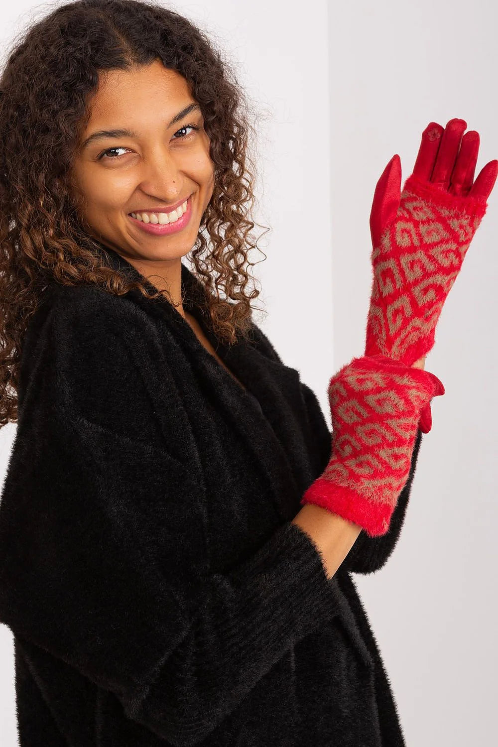 Gants en tricot pour femmes isolation supplémentaire fleur brodée couleurs rouge et beige manches ajustées
