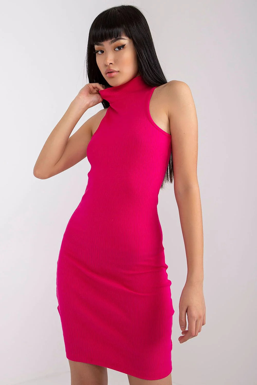Robe de jour élégante tricot côtelé sans manches col montant rose vif ajustée occasionnels soirées femme