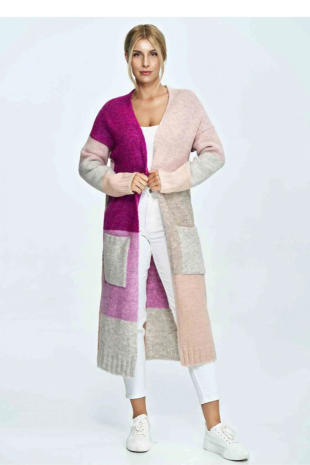 Cardigan long multicolore patchwork soft touch épais manches longues col V 2 poches patch uni femmes