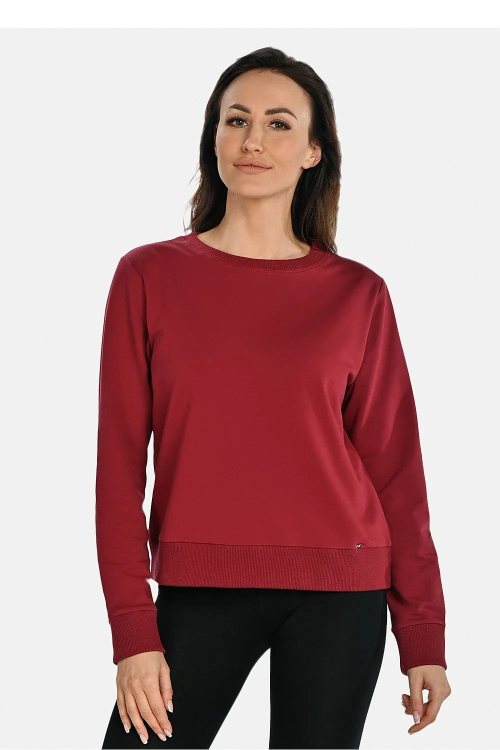 Sweatshirt femme élégant confortable col rond manches longues côtelé rouge profond logo métallique