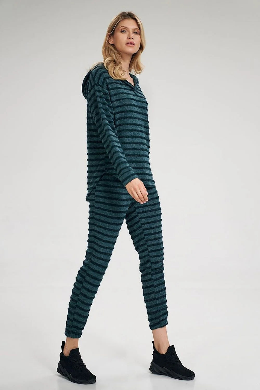 Ensemble mode femme sweat-shirt haut et pantalon ample capuche col V manches longues rayures bleu canard noir