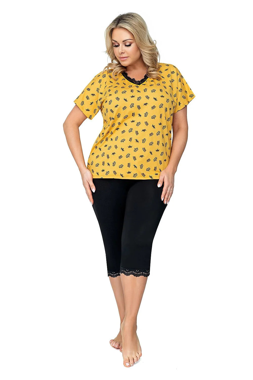 Pyjama femme viscose chic décontracté jaune noir dentelle manches courtes pantacourt confort maison