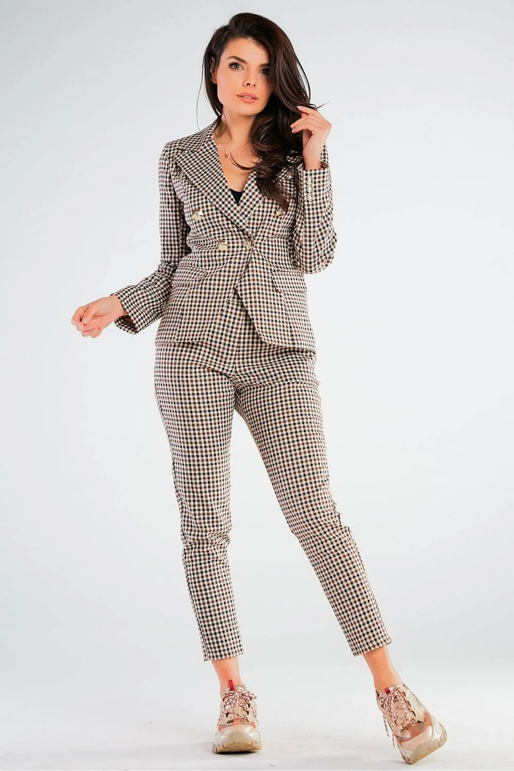 pantalon femme taille ajustable coupe ajustée cigarette cheville motifs carreaux beige marron noir tissu structuré confortable extensible polyester viscose élasthanne