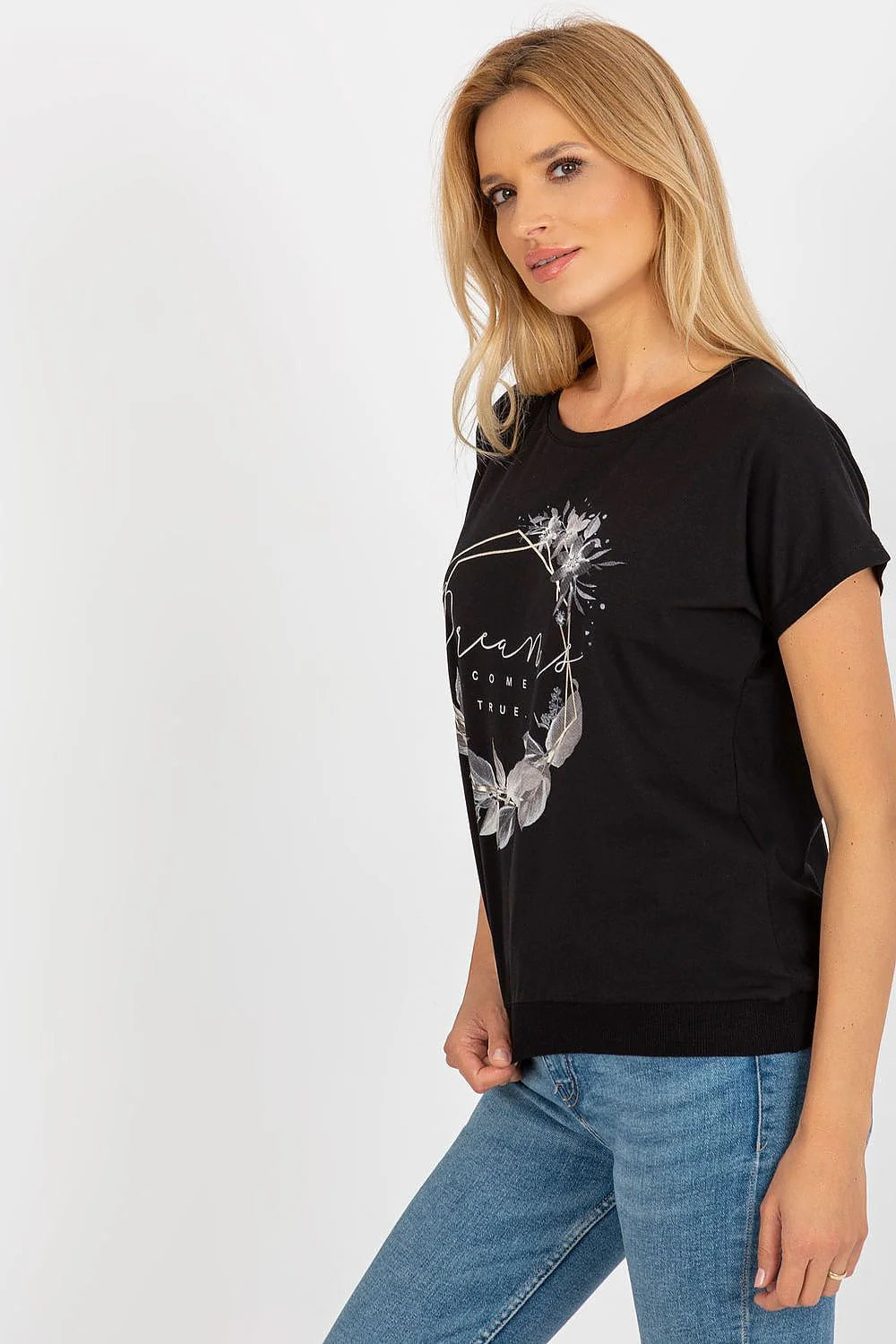 Chemisier pour femme moderne design chic couleur noire imprimé Dreams Come True coton élasthanne coupe droite manches courtes