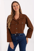 chemise veste shacket femme utilitaire overshirt boxy cropped toile marron châtaigne col classique manches longues boutons contrastants poches poitrine rabat