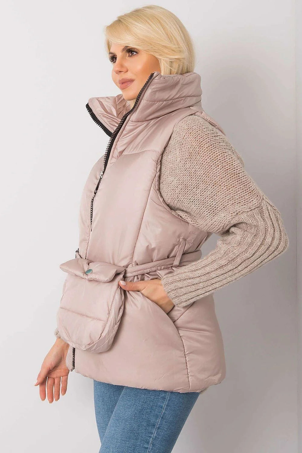 Gilet matelassé marron caramel polyester décontracté élégant fermeture éclair poches ceinture intégrée femme automne-hiver