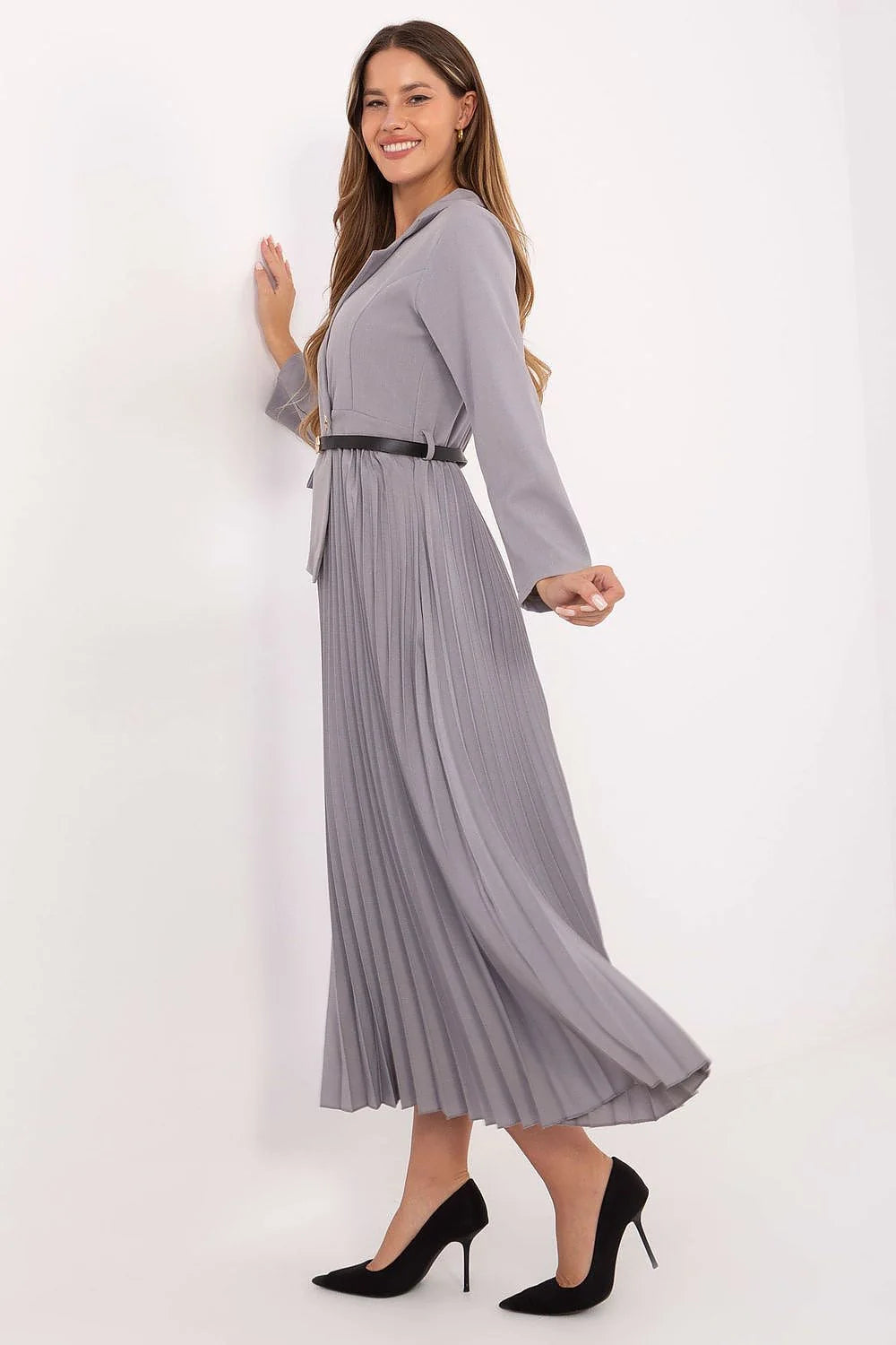 robe maxi évasée élégante professionnelle marin col classique plissée mouvement légère féminine manches longues ceinture cintrée viscose polyester