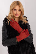ensemble vestimentaire élégant femme manteau fourrure synthétique noir manches cuir ajusté épaules structurées gants suédine rouge broderie fleur tactile soirée