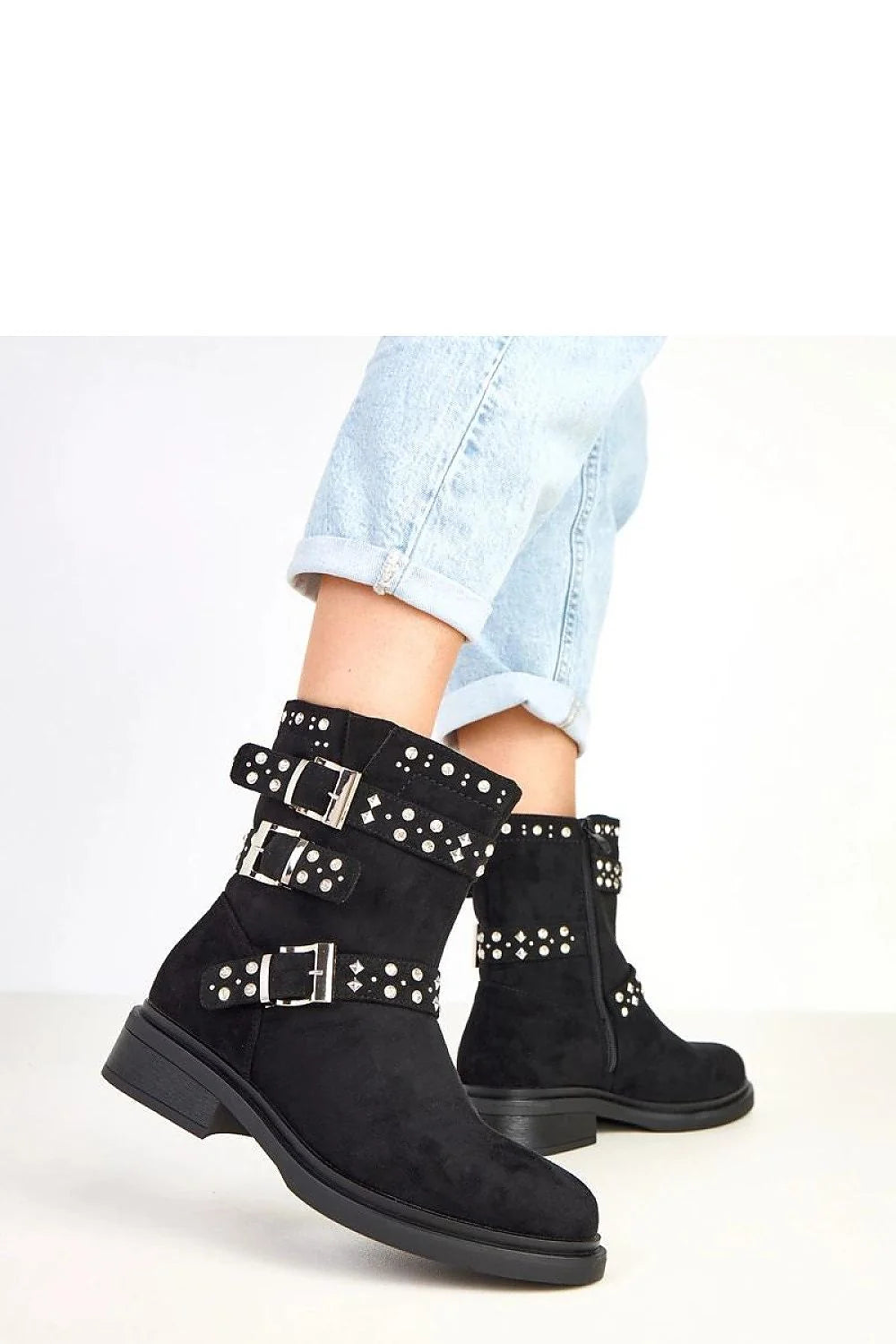 bottines femme cuir suédé écologique noir motardes mi mollet bout rond talon bloc 4cm tige 18cm sangles boucles zircons brillants